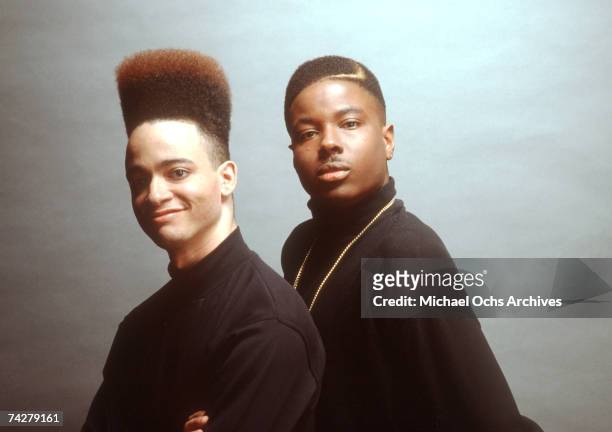 Rappers Christopher "Kid" Reid and Christopher "Play" Martin of the hip-hop group Kid 'n Play pose for a portrait session in circa 1988 in New York,...