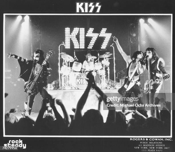 Gene Simmons, Peter Criss, Paul Stanley, and Ace Frehley of the rock band 'Kiss' perform onstage in circa 1977.