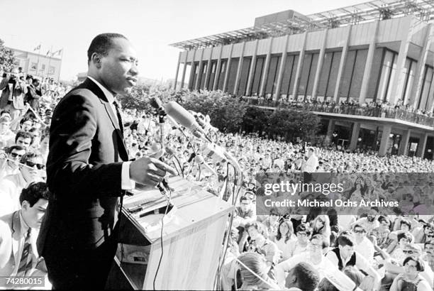 Civil rights leader Reverend Martin Luther King, Jr. Delivers a speech to a crowd of approximately 7,000 people on May 17, 1967 at UC Berkeley's...