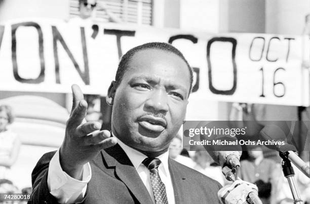 Civil rights leader Reverend Martin Luther King, Jr. Delivers a speech to a crowd of approximately 7,000 people on May 17, 1967 at UC Berkeley's...