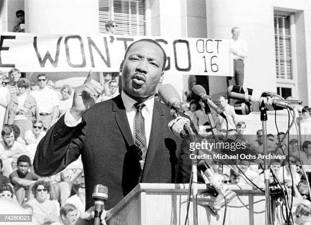 Civil rights leader Reverend Martin Luther King, Jr. Delivers a speech to a crowd of approximately 7,000 people on May 17, 1967 at UC Berkeley's...