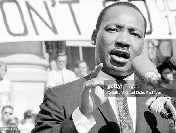 Civil rights leader Reverend Martin Luther King, Jr delivers a speech at UC Berkeley's Sproul Plaza, Berkeley, California, May 17, 1967....