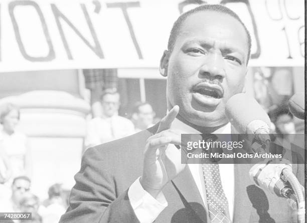 Civil rights leader Reverend Martin Luther King, Jr. Delivers a speech to a crowd of approximately 7,000 people on May 17, 1967 at UC Berkeley's...