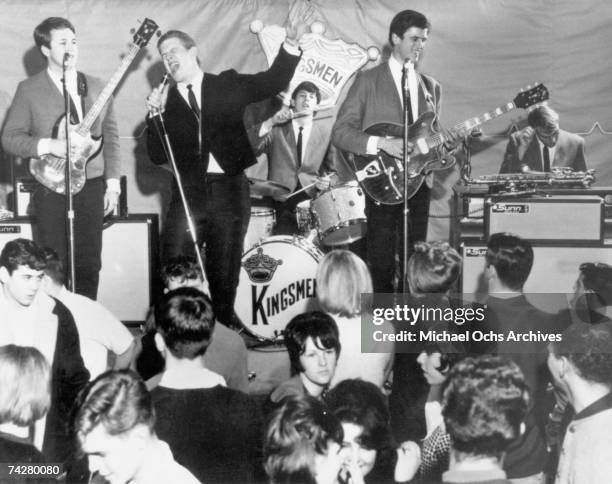 Norm Sundholm, Lynn Easton, Dick Peterson, Mike Mitchell, and Barry Curtis of the touring version of the rock and roll band "The Kingsmen" perform...