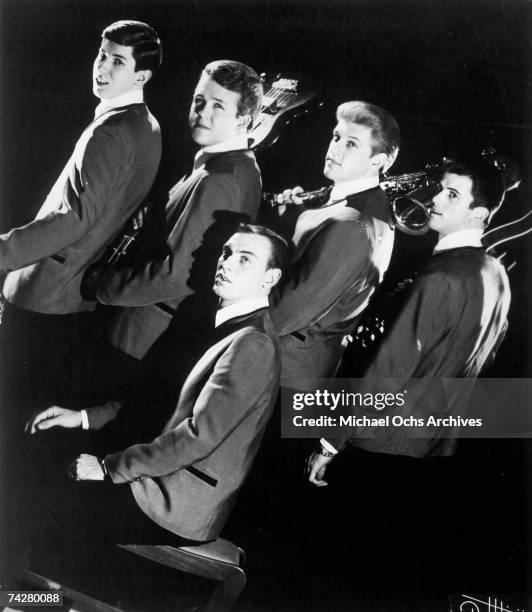 Dick Peterson, Norm Sundholm, Lynn Easton Mike Mitchell, and Barry Curtis of the rock and roll group "The Kingsmen" pose for a portrait in circa 1965.