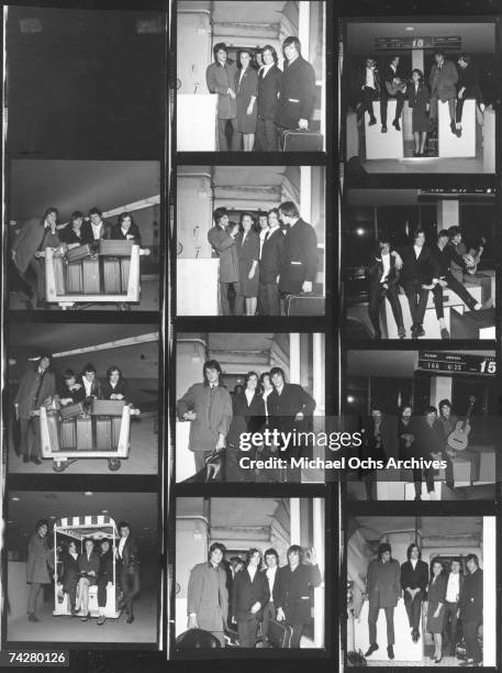 Proof sheet of Mick Avory, Dave Davies, Peter Quaife, Ray Davies of the rock group "The Kinks" posing for a portrait session in the airport on their...