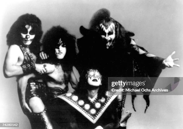 Gene Simmons, Paul Stanley, Peter Criss and Ace Frehley of the rock and roll band 'Kiss' pose for a portrait in circa 1975.