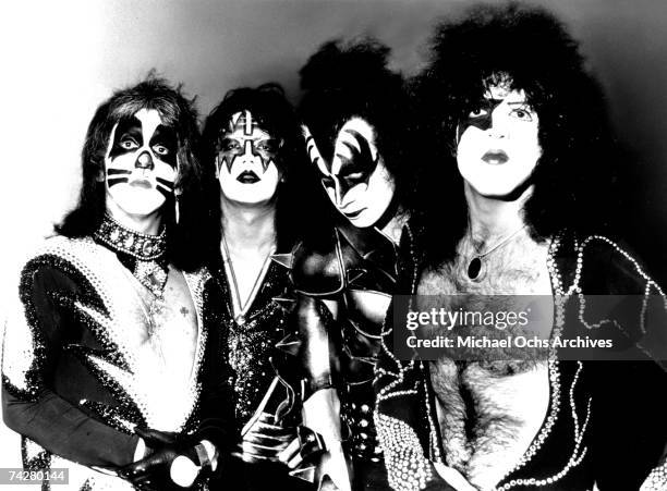 Gene Simmons, Paul Stanley, Peter Criss and Ace Frehley of the rock and roll band 'Kiss' pose for a portrait in circa 1975.