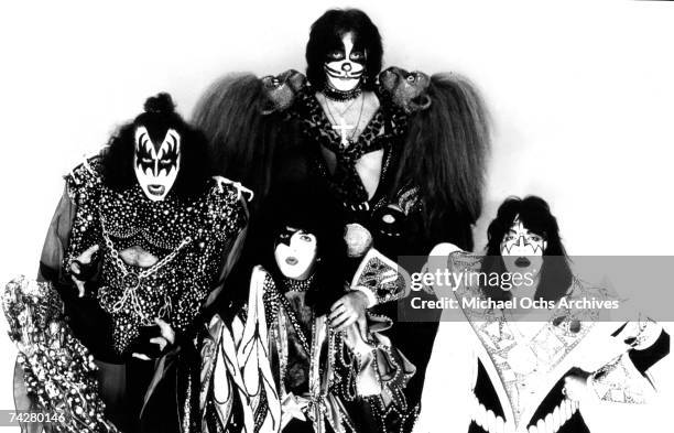 Gene Simmons, Paul Stanley, Peter Criss and Ace Frehley of the rock and roll band 'Kiss' pose for a portrait in circa 1975.