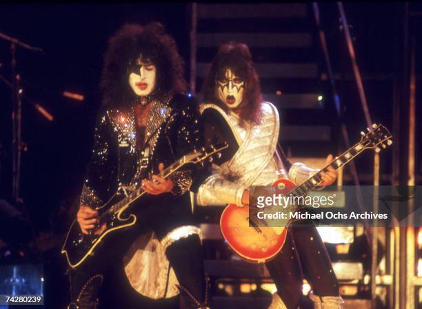 Gene Simmons, Ace Frehley and Paul Stanley of the rock and roll band 'Kiss' perform onstage in circa 1977 in Los Angeles, California.