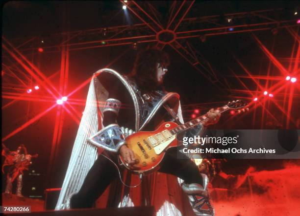 Guitarist Ace Frehley of the rock and roll band 'Kiss' performs onstage on July 24, 1979 in Los Angeles, California.