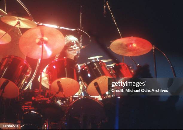 Drummer Peter Criss of the rock and roll band 'Kiss' performs onstage in circa 1977 in Los Angeles, California.