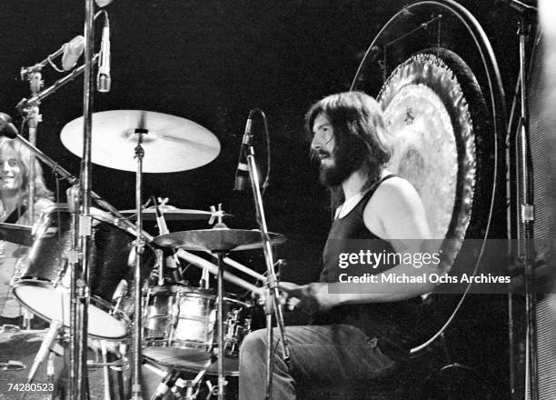 Drummer John Bonham of the rock band 'Led Zeppelin' performs onstage at the Forum on June 3, 1973 in Los Angeles, California.