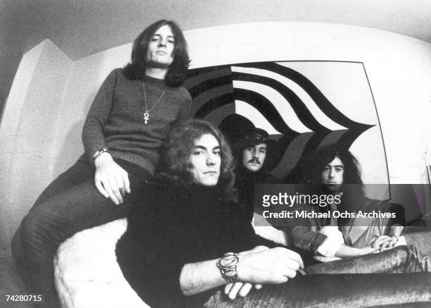 Rock band 'Led Zeppelin' poses for a publicity portrait in 1971 in England. John Paul Jones, Robert Plant, John Bonham, Jimmy Page.