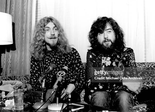 Singer Robert Plant and guitarist Jimmy Page of the rock band "Led Zeppelin" hold court at press conference before their show at the Forum on...