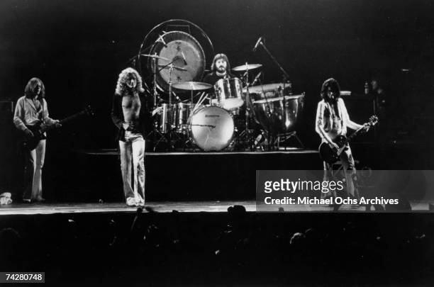 Rock band "Led Zeppelin" performs onstage in 1977. John Paul Jones, Robert Plant, John Bonham, Jimmy Page.