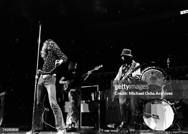 Singer Robert Plant, bassist John Paul Jones, guitarist Jimmy Page and drummer John Bonham of the rock band "Led Zeppelin" performs onstage at the...