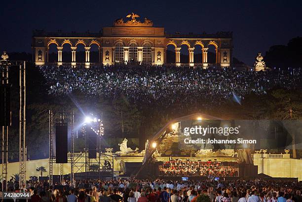 The Vienna Philharmonic Orchestra performs on stage during the Schoenbrunn Concert in the Schoenbrunn Castle parque on May 24 in Vienna, Austria.