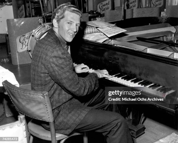 Rock and roll musician Jerry Lee Lewis poses for a portrait on the set of the Warner Bros 1957 film "Jamboree".