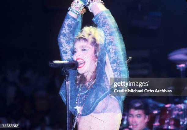 Pop singer Madonna performs onstage at Madison Square Garden in 1984 in New York City, New York.