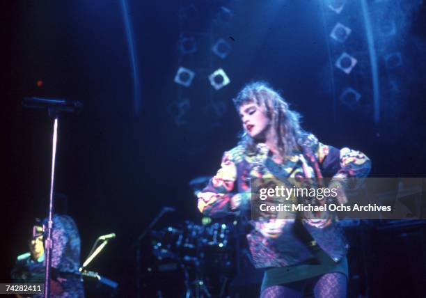 Pop singer Madonna performs onstage at Madison Square Garden in 1984 in New York City, New York.