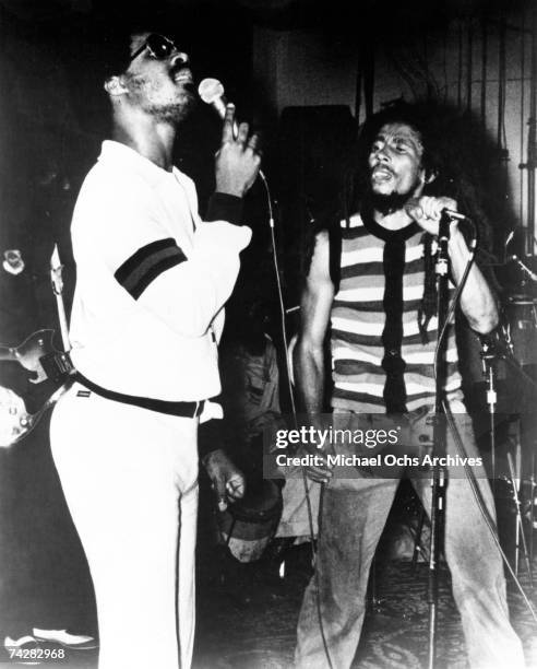 Reggae singer Bob Marley performs with R&B singer Stevie Wonder at the 'Black Music Association' convention at the Sheraton Hotel on June 9, 1979 in...