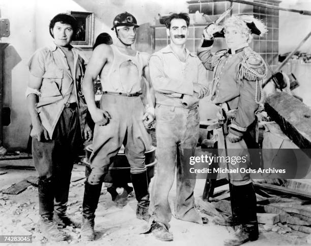 The Marx Brothers L-R Chico Marx, Zeppo Marx, Groucho Marx and Harpo Marx defend Freedonia in a scene from Paramount Picture's 'Duck Soup' in 1933 in...