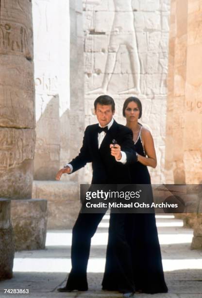 Actors Roger Moore and Barbara Bach in the James Bond film 'The Spy Who Loved Me'. Photo by Michael Ochs Archives/Getty Images