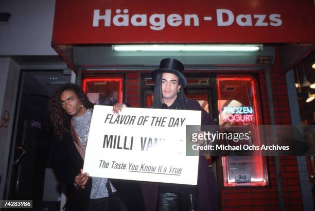 Fabrice 'Fab' Morvan and Rob Pilatus of Milli Vanilli pose for a portrait outside a Haagen-Dazs store in 1989.