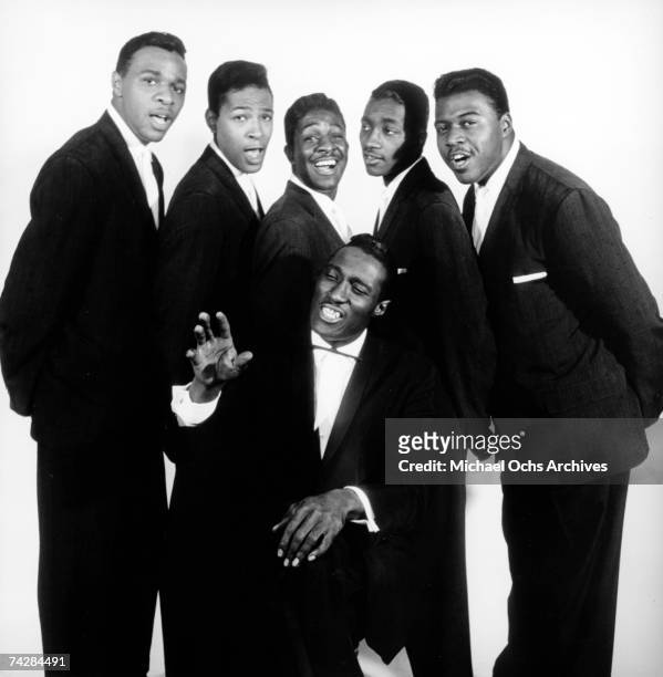 Charles Barksdale, Marvin Gaye, James Nolan, Reese Palmer, Chester Simmons, and Harvey Fuqua of the doo wop group "The Moonglows" pose for a portrait...