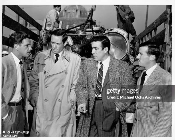 Photo of Anthony Quinn, Anthony Quinn in The Brave Bulls 1951 L to R Wallace Minard, Mel Ferrer, Anthony Quinn and Robert Blanchard Photo by Michael...