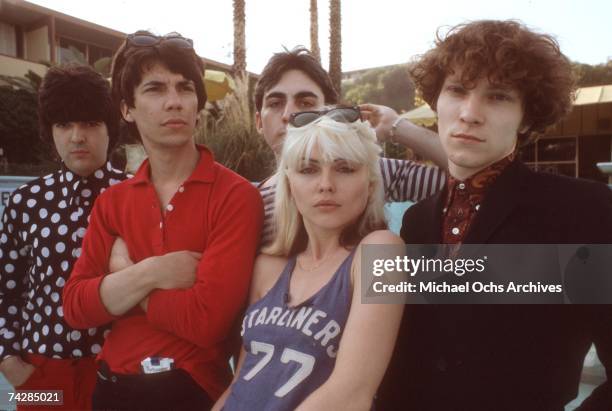 Chris Stein , Jimmy Destri , Debbie Harry , Gary Valentine and Clem Burke of the rock and roll band "Blondie" pose for a portrait session at the Bel...