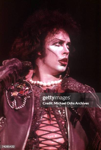 Tim Curry performs in The Rocky Horror Show at the Roxy Theatre in Los Angeles , California in March 1974.