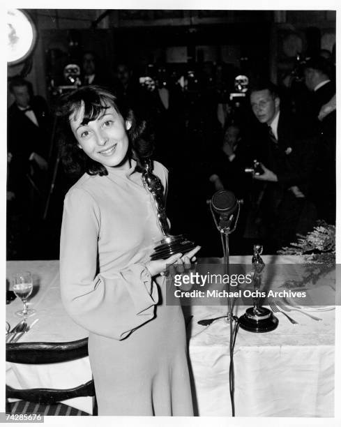 Actress Luise Rainer wins the first of two Best Actress awards at the 9th Academy Awards at the Biltmore Hotel on March 3, 1937 in Los Angeles,...