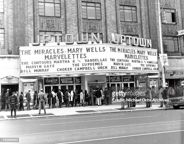 View of the Uptown Theater, with Motown stars from the Motortown review named on the marquee, Philadelpia, Pennsylvania, May 1963.