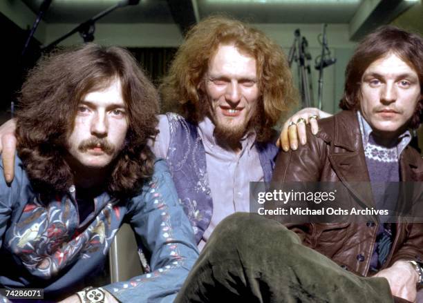 British Rock Group "Cream" poses for a portrait in 1968. L-R: Eric Clapton, Ginger Baker, Jack Bruce.