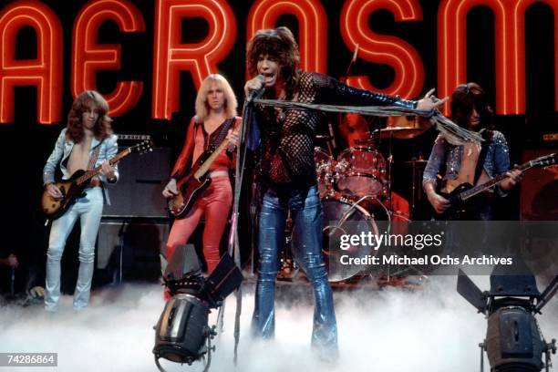 Rock and roll band "Aerosmith" perform on the Midnight Special TV Show on November 24, 1978 in Los Angeles, California. L-R: Brad Whitford, Tom...