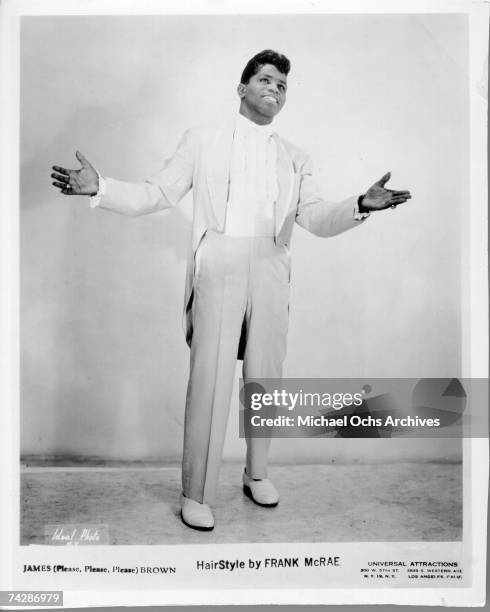 'Godfather of Soul' James Brown poses for a portrait in 1956 in New York, New York. Photo reads, "Hairstyle by Frank McRae."