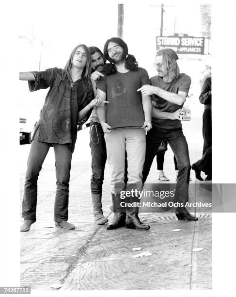 Bob Weir, Bill Kreutzmann, Jerry Garcia, Phil Lesh of the rock and roll group "The Grateful Dead" pose for a portrait session on Portrero Hill in...