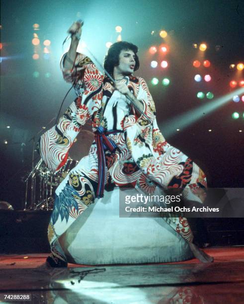 Freddie Mercury of the British rock band Queen performs at The Forum in March 1977 in Inglewood, California.