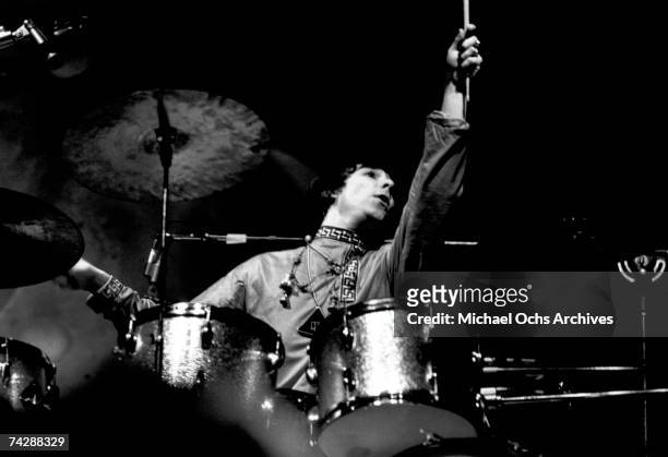 Drummer Keith Moon of the rock and roll band "The Who" performs on stage at the Monterey Pop Festival on June 18, 1967 in Monterey, California.