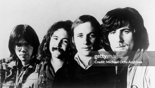 Neil Young, David Crosby, Stephen Stills and Graham Nash of Crosby, Stills, Nash and Young pose for a composite publicity photo circa 1970. The Neil...