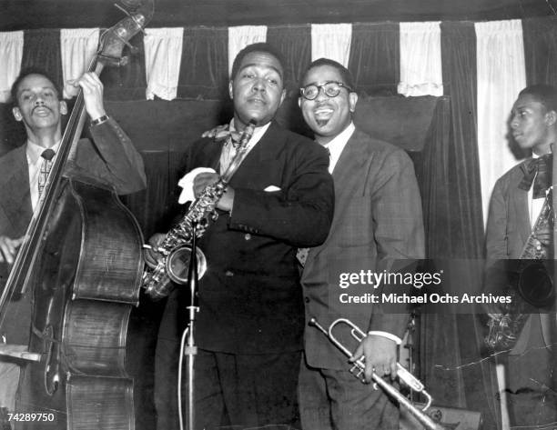 Jazz musicians L-R Tommy Potter, Charlie Parker, Dizzy Gillespie and John Coltrane perform at Birdland in 1951 in New York City.