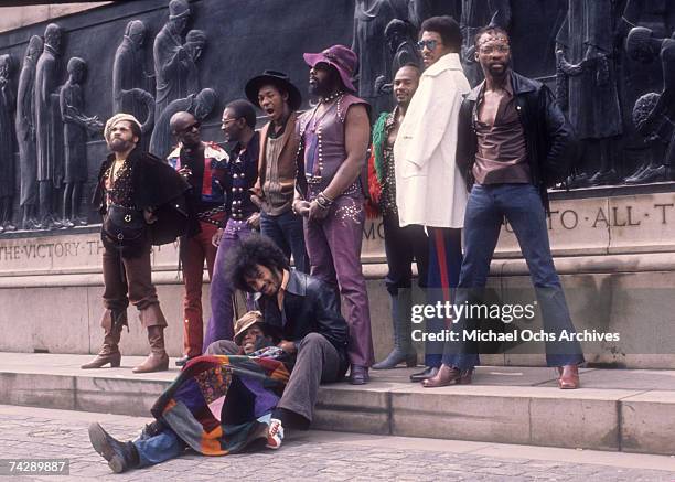 Fuzzy Haskins, Tawl Ross, Bernie Worrell, Tiki Fulwood, Grady Thomas, George Clinton, Ray Davis, Calvin Simon and seated Eddie Hazel and Billy "Bass"...