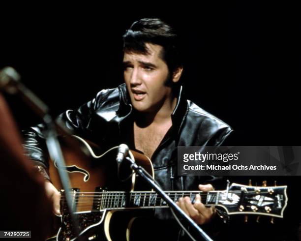 Rock and roll musician Elvis Presley performing on the Elvis comeback TV special on June 27, 1968.