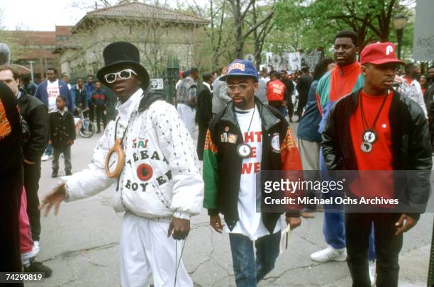 Rapper Flavor Flav, director Spike Lee and Chuck D of the rap group "Public Enemy" film a video for their song "Fight The Power" directed by Spike...