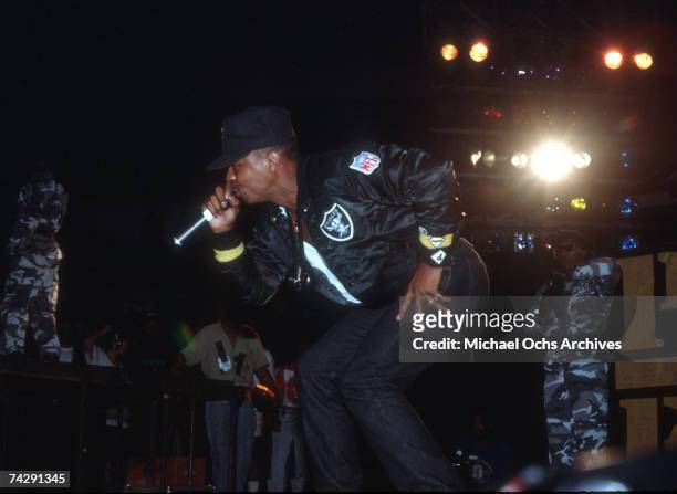 Chuck D of the rap group "Public Enemy" perform onstage in August 1988 in New York, New York.