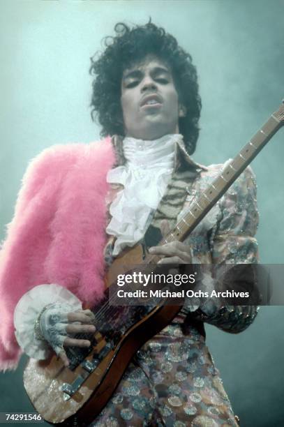 Prince performs live at the Fabulous Forum on February 19, 1985 in Inglewood, California.