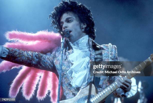 Prince performs live at the Fabulous Forum on February 19, 1985 in Inglewood, California.