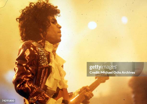 Prince performs live at the Fabulous Forum on February 19, 1985 in Inglewood, California.